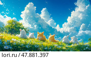 A group of adorable animals, including rabbits and foxes, enjoy a sunny day in a colorful meadow full of flowers, with lively clouds overhead. Стоковое AI-изображение, AI-художник Данила Большаков / Фотобанк Лори