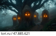 Glowing-eyed trees stand in a misty forest at twilight, creating an eerie atmosphere with their haunting presence and enigmatic surroundings. Стоковое AI-изображение, AI-художник Данила Большаков / Фотобанк Лори