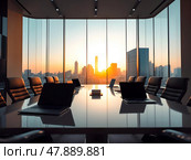 Modern office conference room with large windows overlooking the cityscape.  Business negotiations concept. Стоковое AI-изображение, AI-художник Iva Noel / Фотобанк Лори