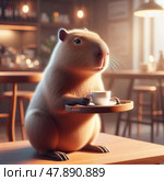 Capybara Barista: Cozy Coffee Break. Стоковое AI-изображение, AI-художник Ольга Хорошунова / Фотобанк Лори