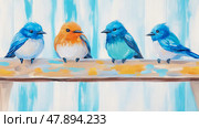 A row of feathered friends: Bluebird gathering on the fence. Стоковое AI-изображение, AI-художник Данила Большаков / Фотобанк Лори