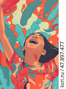 Happy woman standing with her arms up in the air, showing joy and celebration. Стоковое AI-изображение, AI-художник Данила Большаков / Фотобанк Лори