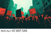 A gathering of individuals in a crowd, each holding up bright red flags and signs in the air. Стоковое AI-изображение, AI-художник Данила Большаков / Фотобанк Лори