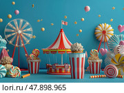 A vibrant carnival scene filled with candy, popcorn, and a miniature carousel under a cheerful blue backdrop. Стоковое AI-изображение, AI-художник Данила Большаков / Фотобанк Лори