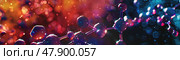 Multicolored lights reflect brilliantly in water droplets on a sleek surface under nocturnal illumination. Стоковое AI-изображение, AI-художник Данила Большаков / Фотобанк Лори