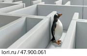 A penguin stands amidst a complex maze, pondering its next move in the puzzling environment. Стоковое AI-изображение, AI-художник Данила Большаков / Фотобанк Лори