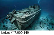 A massive boat sinking under the water, partially submerged due to unknown circumstances. Стоковое AI-изображение, AI-художник Данила Большаков / Фотобанк Лори