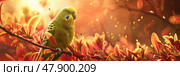 A bright yellow parakeet stands gracefully on a tree branch, showcasing its vibrant plumage against the backdrop of leaves. Стоковое AI-изображение, AI-художник Данила Большаков / Фотобанк Лори