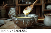 Handmade butter preparation with natural ingredients in rustic kitchen setting. Приготовление масла ручной работы из натуральных ингредиентов на кухне в деревенском стиле. Стоковое AI-изображение, AI-художник Katsiaryna Repich / Фотобанк Лори