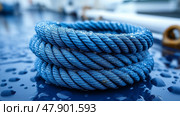 Blue rope coiled on a wet surface after a rainfall on the dock. Синий канат, намотанный на мокрую поверхность после дождя на причале. Стоковое AI-изображение, AI-художник Katsiaryna Repich / Фотобанк Лори