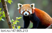 Red panda on a tree on a sunny day. Стоковое AI-изображение, AI-художник Sergey Grishin / Фотобанк Лори