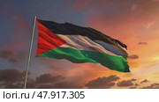 The Palestinian flag waving in the wind against an orange dramatic sunset sky. Стоковое AI-видео, аниматор Михаил Строгалев / Фотобанк Лори