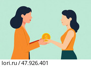 A woman gives another woman a large coin with a dollar sign in it. Loans, credits. Simple flat illustration. Стоковое AI-изображение, AI-художник Коханова Наталья / Фотобанк Лори