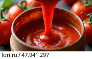 A Vibrant Red Tomato Sauce Cascades Into a Rustic Wooden Container, Creating a Captivating Visual. Стоковое AI-изображение, AI-художник Sergey Grishin / Фотобанк Лори