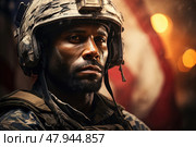 Detailed photograph capturing soldier up close, showcasing their helmet and protective gear. Стоковое AI-изображение, AI-художник Данила Большаков / Фотобанк Лори