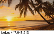A serene view of a coastal sunset landscape, with waves and palm trees. Стоковое AI-видео, аниматор Михаил Строгалев / Фотобанк Лори