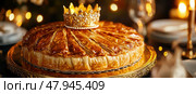 Galette des rois or king cake on a gray background with copy scape. Traditional cake at Epiphany. Twelfth Night after Christmas. Almond flaky pastry cake. Freshly baked homemade bread with a crown. Стоковое AI-изображение, AI-художник Марина Демидюк / Фотобанк Лори