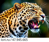 The leopard (Lat. Panthera pardus) is a species of predatory mammals of the cat family, belonging to the subfamily of big cats. The species' range covers Africa and the southern half of Asia. Стоковое AI-изображение, AI-художник Сергей Елизарьев / Фотобанк Лори