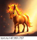 Vibrant animated pony with striking orange mane and glowing backdrop. Стоковое AI-изображение, AI-художник Татьяна Лобанова / Фотобанк Лори