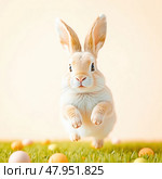 Adorable bunny joyfully hopping among colorful easter eggs on grass. Стоковое AI-изображение, AI-художник Татьяна Лобанова / Фотобанк Лори
