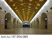 Центральный зал станции метро Авиамоторная на желтой ветке Московского метрополитена. Редакционное фото, фотограф Александр Кузнецов / Фотобанк Лори