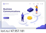 Landing page wtith businesswoman offering deal to partner. Manager conducting negotiation with customer. Business communication concept isometric vector illustration. E-commerce 3d composition. Стоковая иллюстрация, иллюстратор Андрей Красовицкий / Фотобанк Лори