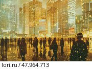 A group of individuals walking through a city at night, surrounded by illuminated buildings and bustling streets. Стоковое AI-изображение, AI-художник Данила Большаков / Фотобанк Лори