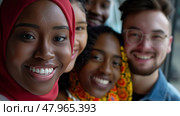 A smiling woman in a hijab is front and center with four friends of various ethnicities clustered behind her, projecting warmth and camaraderie. Стоковое AI-изображение, AI-художник Данила Большаков / Фотобанк Лори
