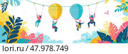 Colorful hot air balloons lift people above a lush tropical environment under a bright sky filled with leaves and flowers. Стоковое AI-изображение, AI-художник Данила Большаков / Фотобанк Лори