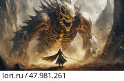 A hooded warrior confronting a massive skeletal monster in a dark rocky canyon with golden light. Стоковое AI-изображение, AI-художник Igor Tichonow / Фотобанк Лори