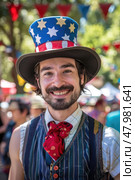 A lively entertainer wearing a patriotic hat spreads joy while mingling with festival-goers at a colorful outdoor celebration. Стоковое AI-изображение, AI-художник Данила Большаков / Фотобанк Лори