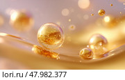 Droplets of golden liquid glisten on a smooth surface with soft, blurred background. Стоковое AI-изображение, AI-художник Сергей Толмачёв / Фотобанк Лори
