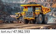 The industrial site at the openpit mine is bustling with yellow mining trucks and heavy machinery on a sunny day. Стоковое AI-изображение, AI-художник Anastasy Yarmolovich / Фотобанк Лори