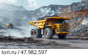 The industrial site at the openpit mine is bustling with yellow mining trucks and heavy machinery on a sunny day. Стоковое AI-изображение, AI-художник Anastasy Yarmolovich / Фотобанк Лори