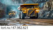 The industrial site at the openpit mine is bustling with yellow mining trucks and heavy machinery on a sunny day. Стоковое AI-изображение, AI-художник Anastasy Yarmolovich / Фотобанк Лори