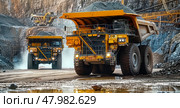 The industrial site at the openpit mine is bustling with yellow mining trucks and heavy machinery on a sunny day. Стоковое AI-изображение, AI-художник Anastasy Yarmolovich / Фотобанк Лори