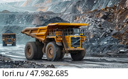 The industrial site at the openpit mine is bustling with yellow mining trucks and heavy machinery on a sunny day. Стоковое AI-изображение, AI-художник Anastasy Yarmolovich / Фотобанк Лори