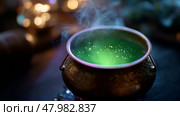Cauldron bubbling with green potion emits magical smoke in a dimly lit room during a mystical gathering. Стоковое AI-изображение, AI-художник Сергей Толмачёв / Фотобанк Лори