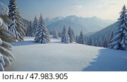 A snowy landscape with trees and mountains in the background, side view, cool lighting, winter color palette with whites and blues. Стоковое AI-видео, аниматор Sergey Grishin / Фотобанк Лори