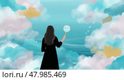 Woman holding a magnifying glass gazing at a colorful sky with clouds and distant birds at sunset. Стоковое AI-изображение, AI-художник Сергей Толмачёв / Фотобанк Лори