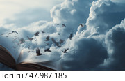 Open book releasing a flock of birds into a cloudy sky at dusk inspires imagination and wonder. Стоковое AI-изображение, AI-художник Сергей Толмачёв / Фотобанк Лори