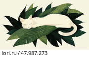 A white cat is curled up and sleeping on a bed of green leaves, creating a tranquil atmosphere in a warm, cozy indoor garden. Стоковое AI-изображение, AI-художник Данила Большаков / Фотобанк Лори
