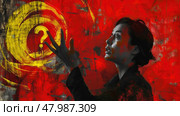 A woman stands thoughtfully against a dramatic red backdrop, her gaze fixed on a large question mark, symbolizing inquiry and reflection. Стоковое AI-изображение, AI-художник Данила Большаков / Фотобанк Лори