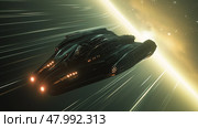 Spaceship navigating through colorful light trails in a cosmic interstellar travel. Стоковое AI-изображение, AI-художник Михаил Коханчиков / Фотобанк Лори
