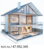 Modern glass-fronted house design merges elegance and comfort in a serene environment. Стоковое AI-изображение, AI-художник Михаил Коханчиков / Фотобанк Лори