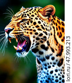 The leopard (Lat. Panthera pardus) is a species of predatory mammals of the cat family, belonging to the subfamily of big cats. The species' range covers Africa and the southern half of Asia. Стоковое AI-изображение, AI-художник Сергей Елизарьев / Фотобанк Лори