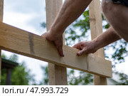 Close-up of man's hands precisely leveling wooden board for construction project. Image captures moment of concentrated woodworking. Стоковое фото, фотограф Алла Чесноковва / Фотобанк Лори