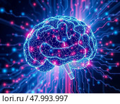 Мозг искусственного интеллекта, состоящий из схем, цифровых световых импульсов, абстрактного футуристического фона. Стоковое AI-изображение, AI-художник Ольга Денис / Фотобанк Лори