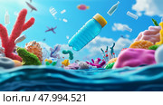 Microscopic bacteria breaking down plastic waste in ocean water, Biodegradation. Стоковое AI-изображение, AI-художник Anastasy Yarmolovich / Фотобанк Лори