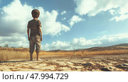A young child stands in a landscape that has been ravaged by drought, beneath a sky full of dramatic clouds. Стоковое AI-изображение, AI-художник Anastasy Yarmolovich / Фотобанк Лори